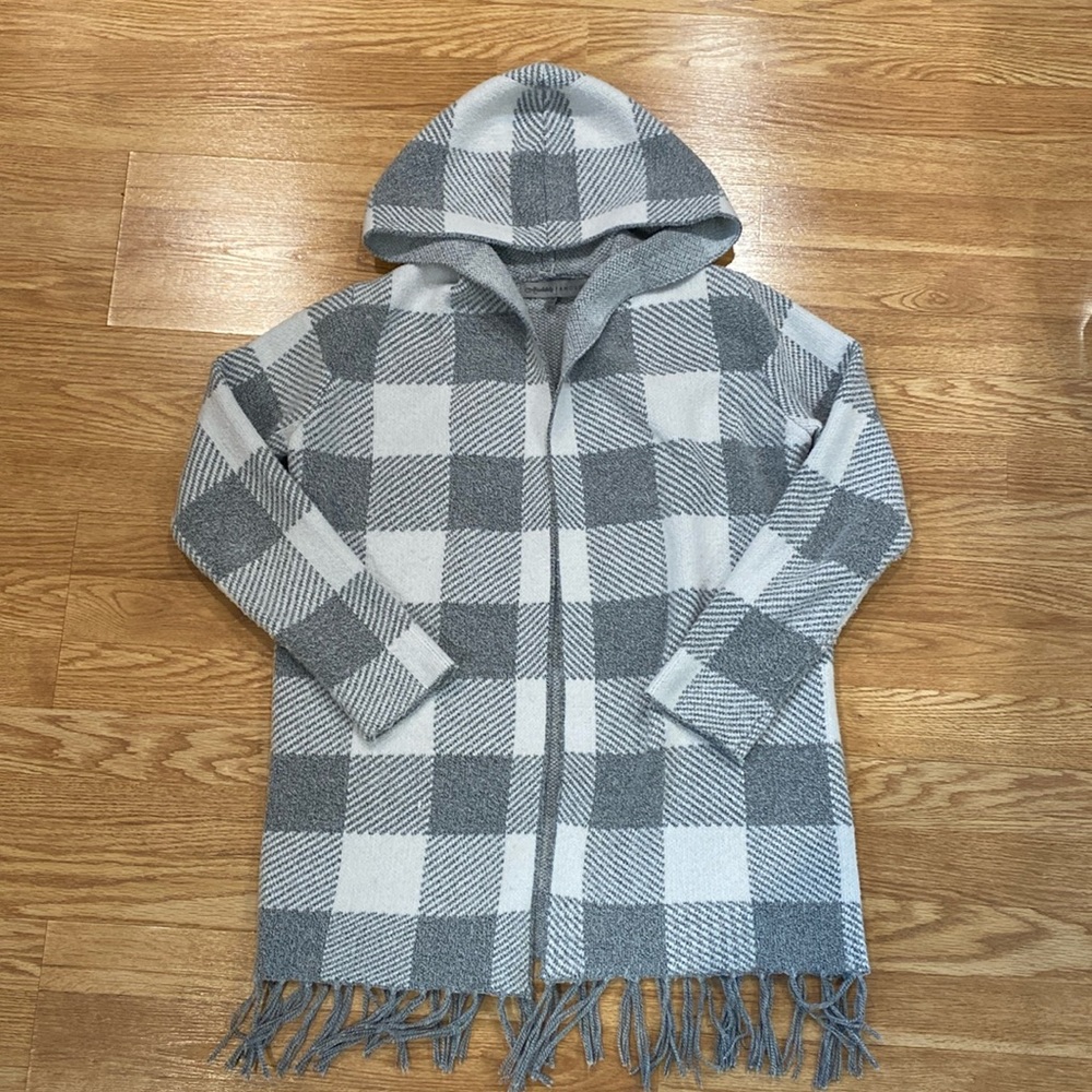 Absolutely Famous CARDIGAN long gray and white hooded with fringe design